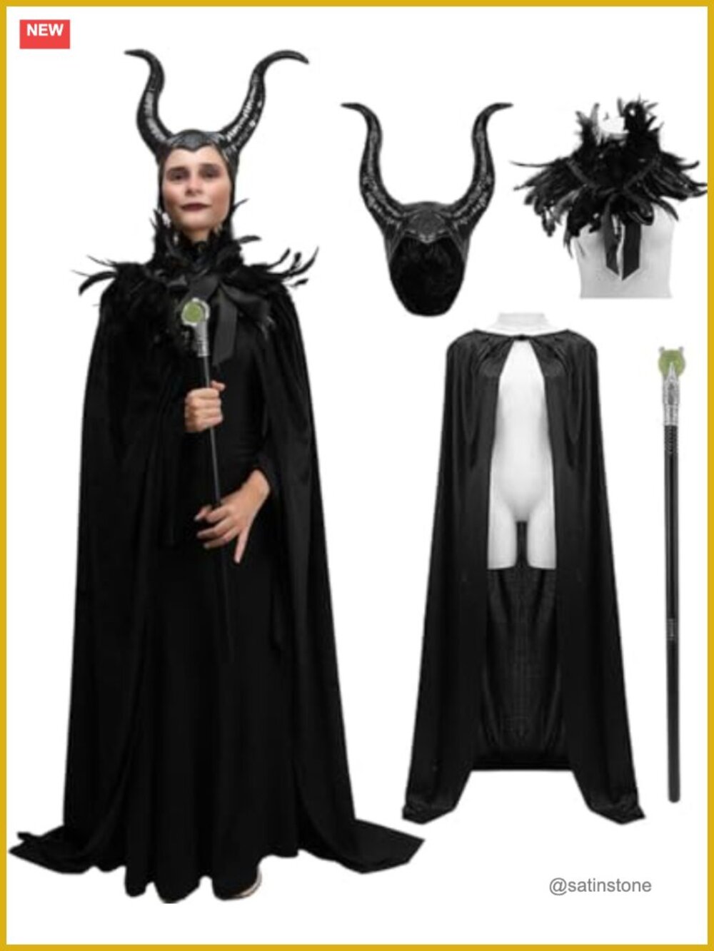 Evil Queen Witch Costume Velvet Robe Feather Cape Latex Horns Staff Cosplay